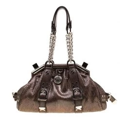 Versace Brown Snake Embossed Leather Madonna Boston Bag For Women