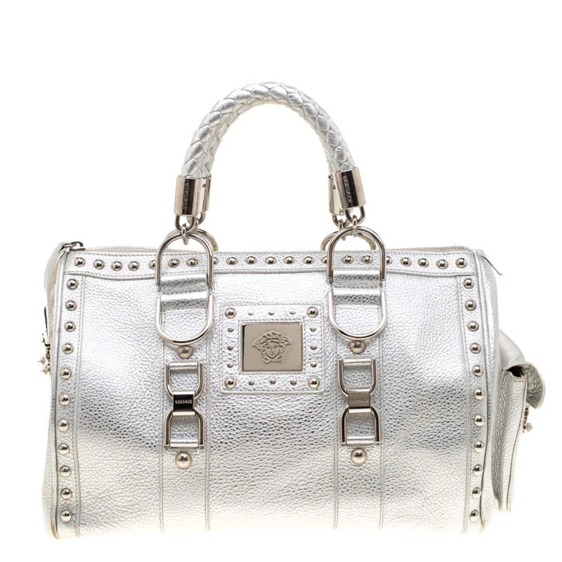 Versace Metallic Silver Leather Madonna Satchel For Women