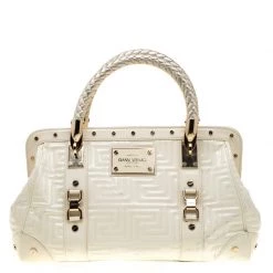 Versace Cream Quilted Patent Leather Snap Out Of It Satchel For Women