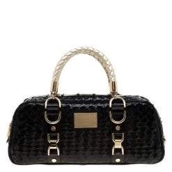 Versace Black Woven Patent Leather Snap Out Of It Satchel For Women