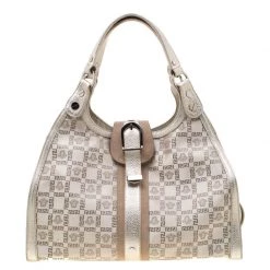 Versace Beige Metallic Canvas, Leather And Suede Trim Satchel For Women