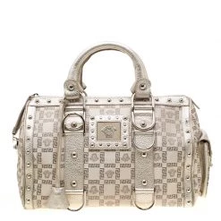 Versace Beige Metallic Signature Fabric And Leather Snap Out Of It Satchel For Women