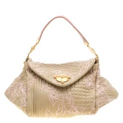 Versace Beige/Pink Quilted Barocco Leather Top Handle Bag For Women