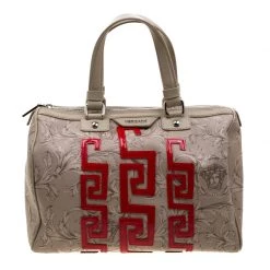 Versace Beige/Red Brocco Printed Leather Boston Bag For Women