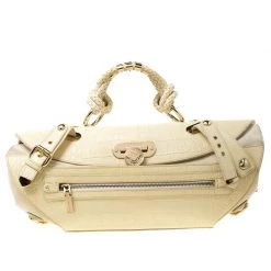 Versace Cream Croc Embossed Leather And Suede Medium Canyon Bag For Women