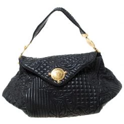 Versace Black Quilted Barocco Leather Top Handle Bag For Women