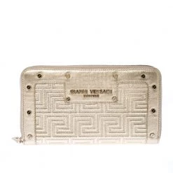 Versace Gold Metallic Quilted Leather Studded Zip Around Wallet For Women