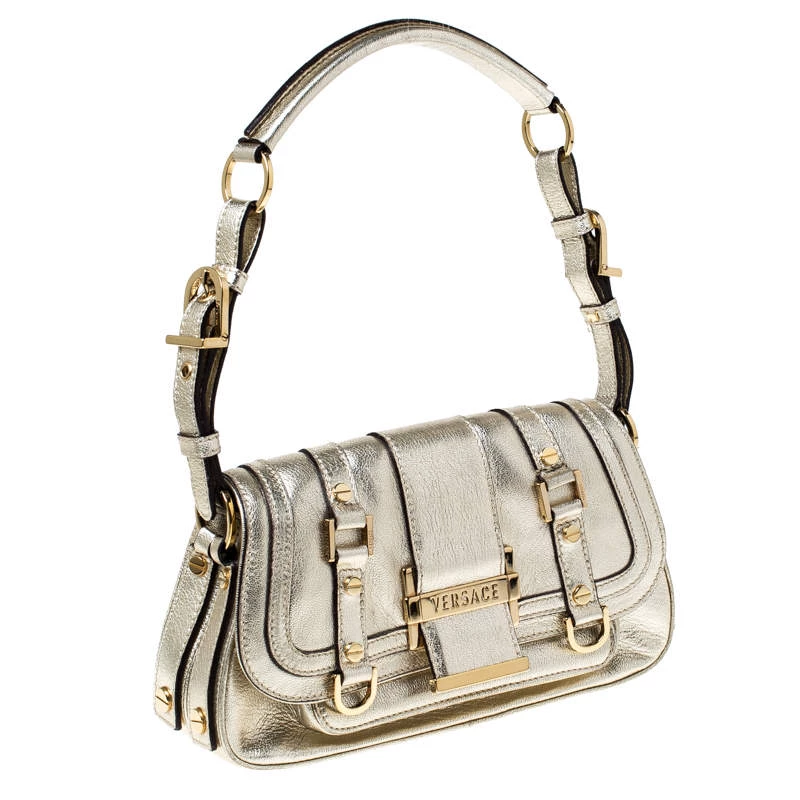 Versace Gold Metallic Leather Buckle Flap Shoulder Bag For Women - Image 3