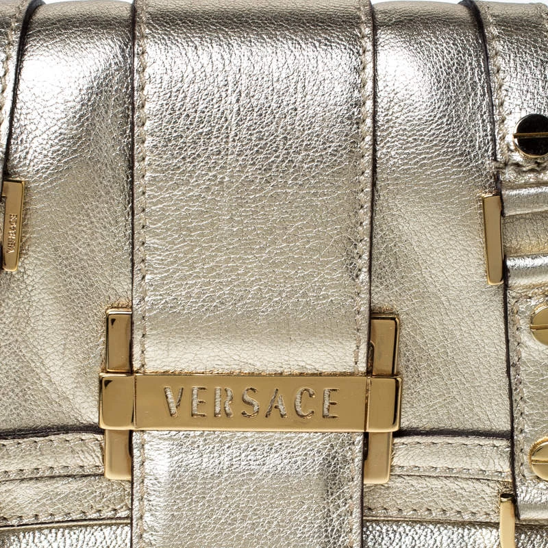 Versace Gold Metallic Leather Buckle Flap Shoulder Bag For Women - Image 5