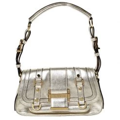 Versace Gold Metallic Leather Buckle Flap Shoulder Bag For Women
