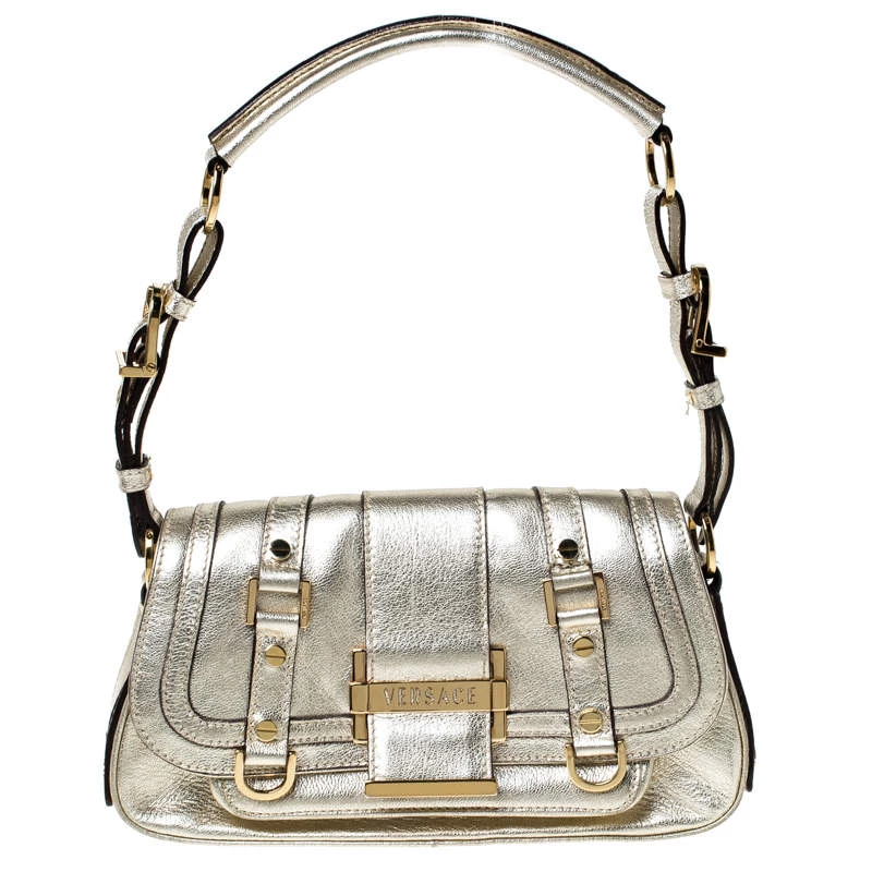 Versace Gold Metallic Leather Buckle Flap Shoulder Bag For Women