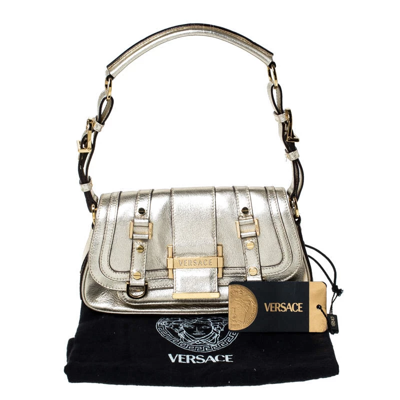 Versace Gold Metallic Leather Buckle Flap Shoulder Bag For Women - Image 9