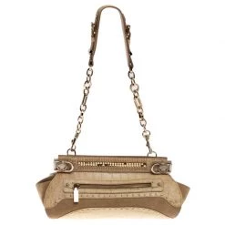 Versace Cream Crocodile Embossed Leather Studded Frame Shoulder Bag For Women