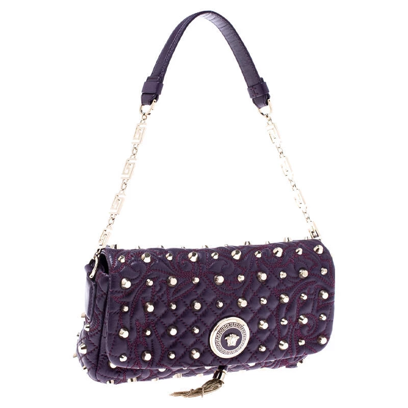 Versace Purple Leather Studded Tassel Vanitas Medea Shoulder Bag For Women - Image 3