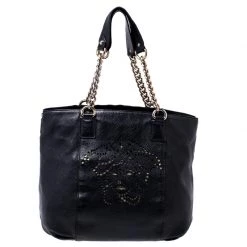 Versace Black Perforated Logo Leather Chain Hobo For Women
