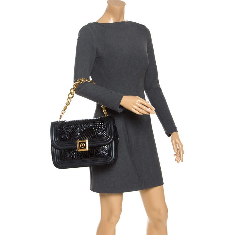 Versace Black Leather And Patent Leather Chain Flap Shoulder Bag For Women - Image 2