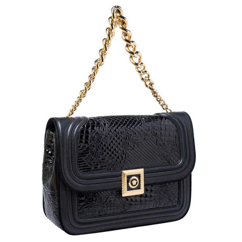 Versace Black Leather And Patent Leather Chain Flap Shoulder Bag For Women - Image 3