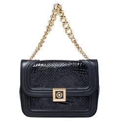 Versace Black Leather And Patent Leather Chain Flap Shoulder Bag For Women