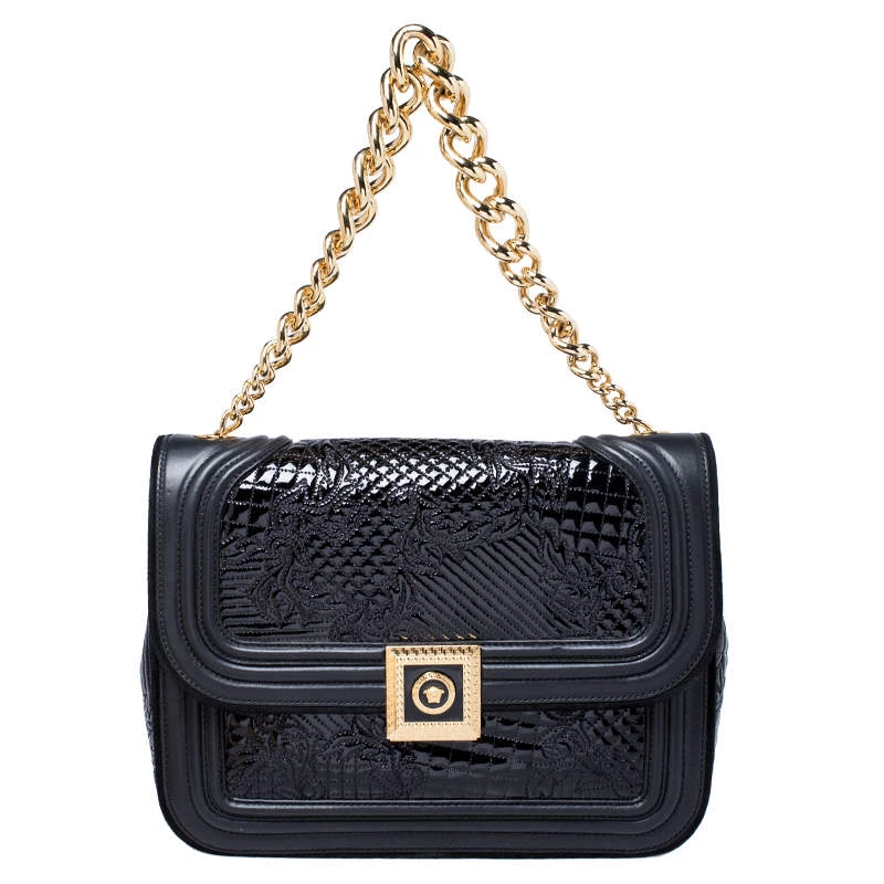 Versace Black Leather And Patent Leather Chain Flap Shoulder Bag For Women