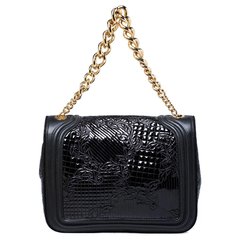 Versace Black Leather And Patent Leather Chain Flap Shoulder Bag For Women - Image 4