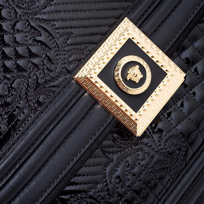 Versace Black Leather And Patent Leather Chain Flap Shoulder Bag For Women - Image 5