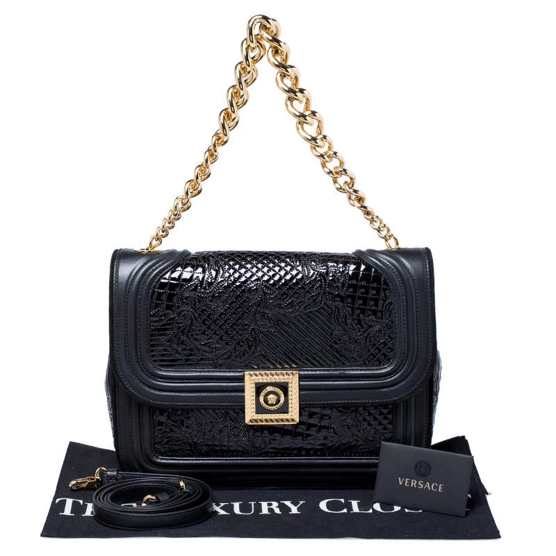 Versace Black Leather And Patent Leather Chain Flap Shoulder Bag For Women - Image 9