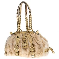 Versace Beige Rabbit Fur And Python Satchel For Women