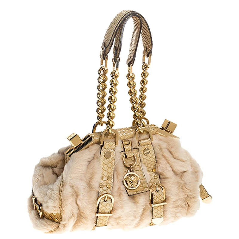 Versace Beige Rabbit Fur And Python Satchel For Women - Image 3