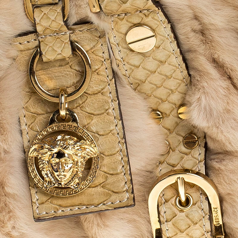 Versace Beige Rabbit Fur And Python Satchel For Women - Image 5