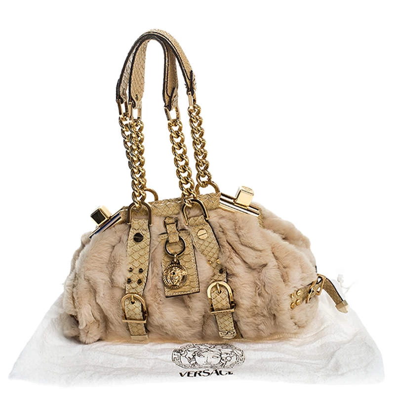Versace Beige Rabbit Fur And Python Satchel For Women - Image 9