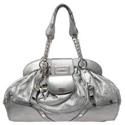 Versace Metallic Silver Leather Chain Link Satchel For Women