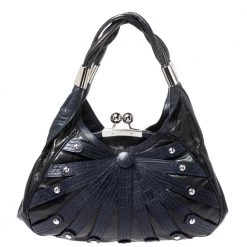 Versace Black/Navy Blue Leather Limited Edition Kiss Lock Satchel For Women