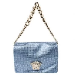 Versace Light Blue Crystal Embellished Shimmer Leather Sultan Shoulder Bag For Women