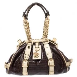 Versace Brown/Cream Croc Embossed Leather Madonna Boston Bag For Women