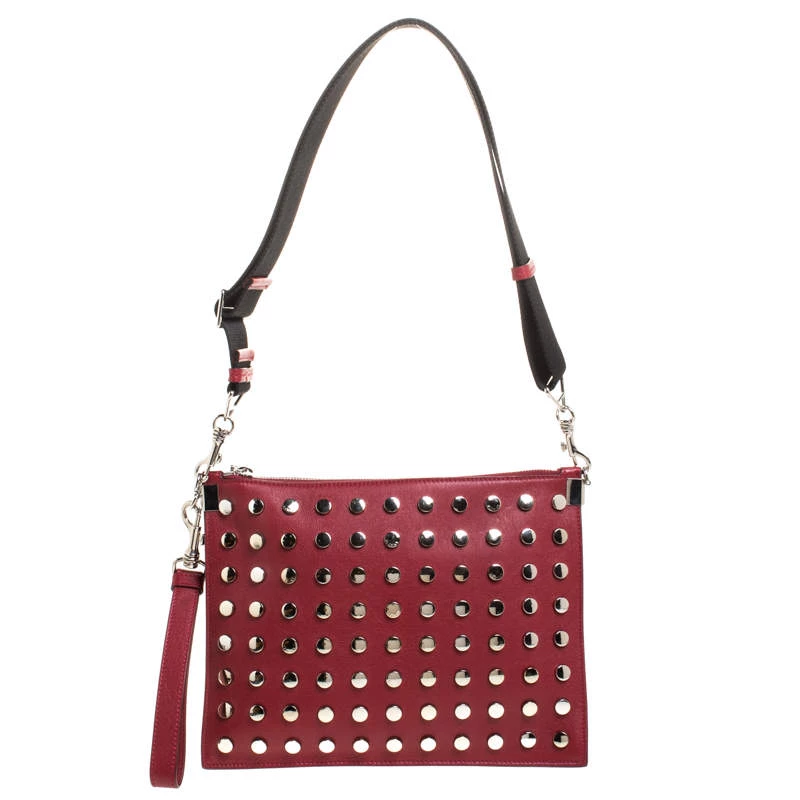 Versace Red Leather Studded Shoulder Bag For Women