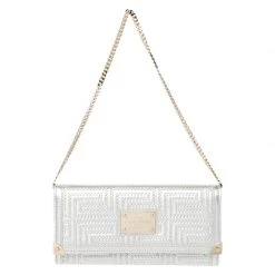 Versace Metallic White Quilted Leather Flap Chain Clutch For Women