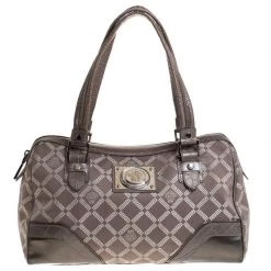 Versace Metallic Beige Signature Canvas And Leather Boston Bag For Women