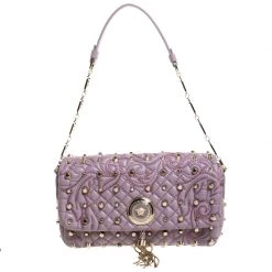 Versace Lilac Studded Leather Vanitas Flap Shoulder Bag For Women