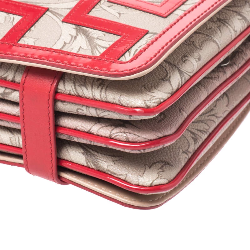 Versace Beige/Red Coated Canvas And Patent Leather Flap Shoulder Bag For Women - Image 11