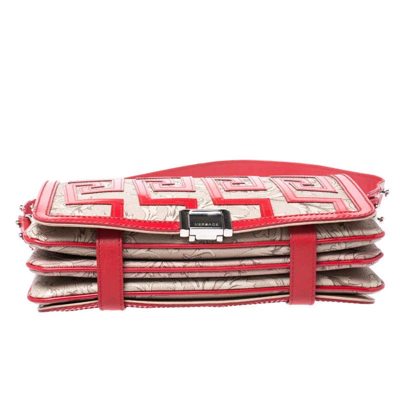 Versace Beige/Red Coated Canvas And Patent Leather Flap Shoulder Bag For Women - Image 6