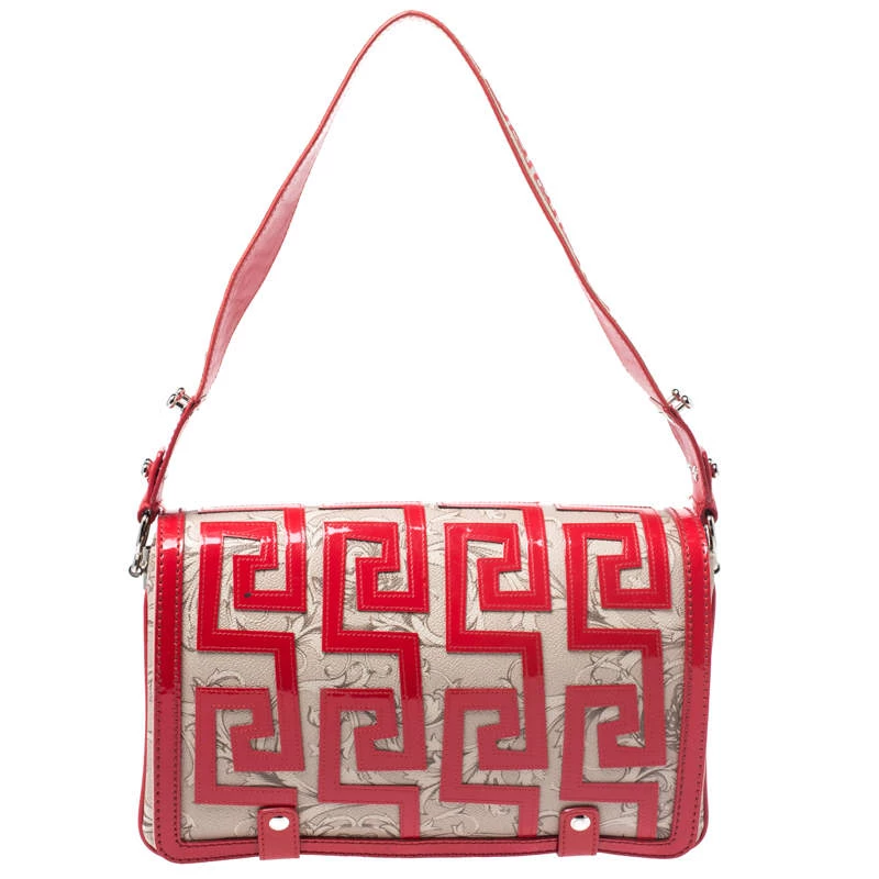 Versace Beige/Red Coated Canvas And Patent Leather Flap Shoulder Bag For Women - Image 4
