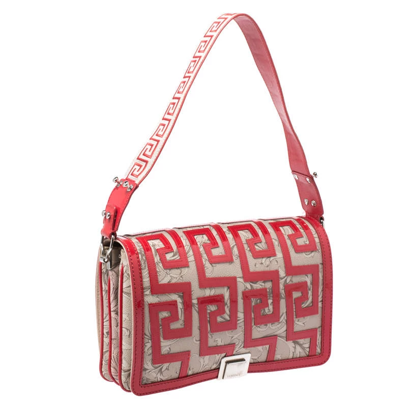 Versace Beige/Red Coated Canvas And Patent Leather Flap Shoulder Bag For Women - Image 3
