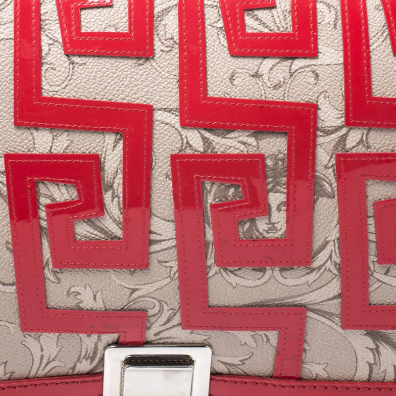 Versace Beige/Red Coated Canvas And Patent Leather Flap Shoulder Bag For Women - Image 5