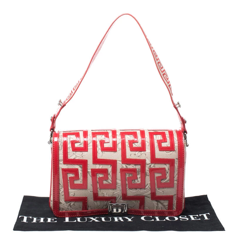 Versace Beige/Red Coated Canvas And Patent Leather Flap Shoulder Bag For Women - Image 9