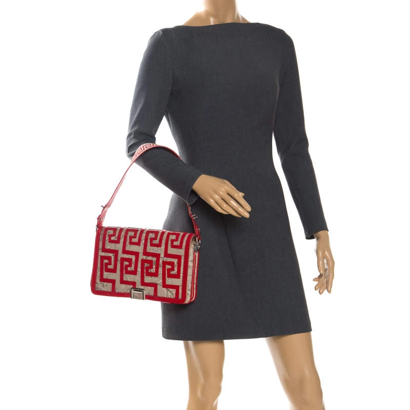 Versace Beige/Red Coated Canvas And Patent Leather Flap Shoulder Bag For Women - Image 2