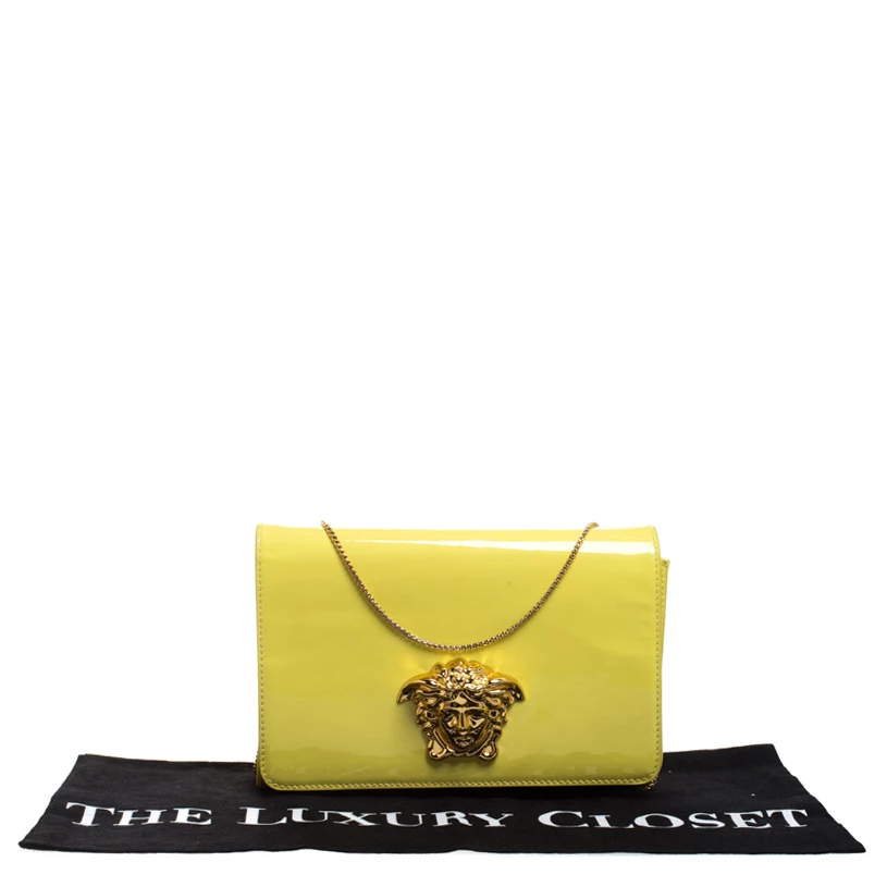 Versace Neon Yellow Patent Leather Medusa Chain Clutch For Women - Image 11