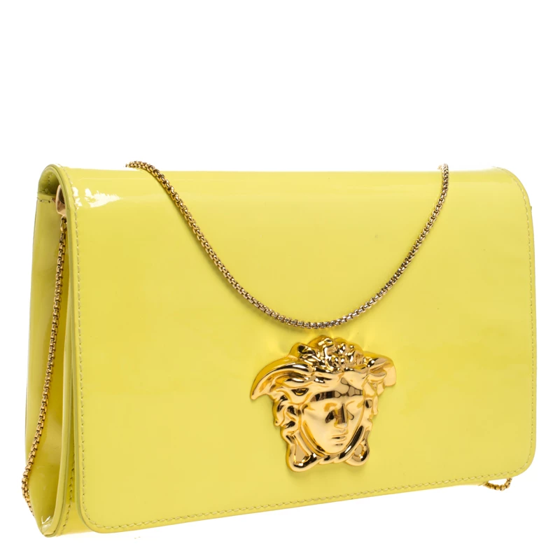 Versace Neon Yellow Patent Leather Medusa Chain Clutch For Women - Image 3