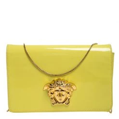 Versace Neon Yellow Patent Leather Medusa Chain Clutch For Women