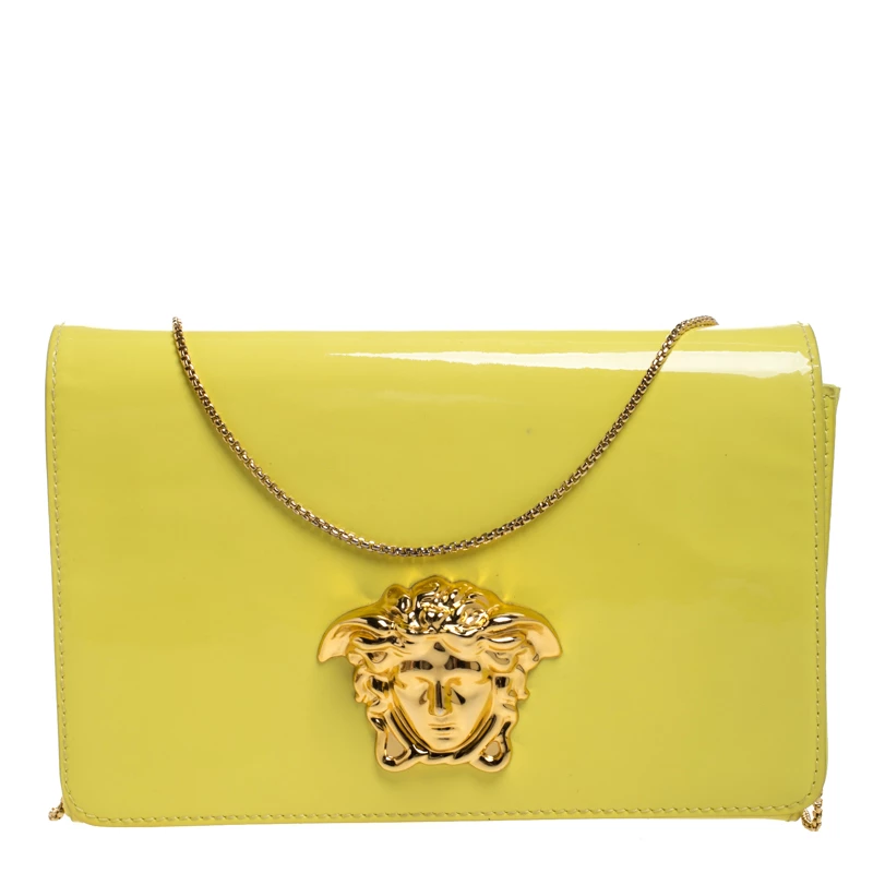 Versace Neon Yellow Patent Leather Medusa Chain Clutch For Women