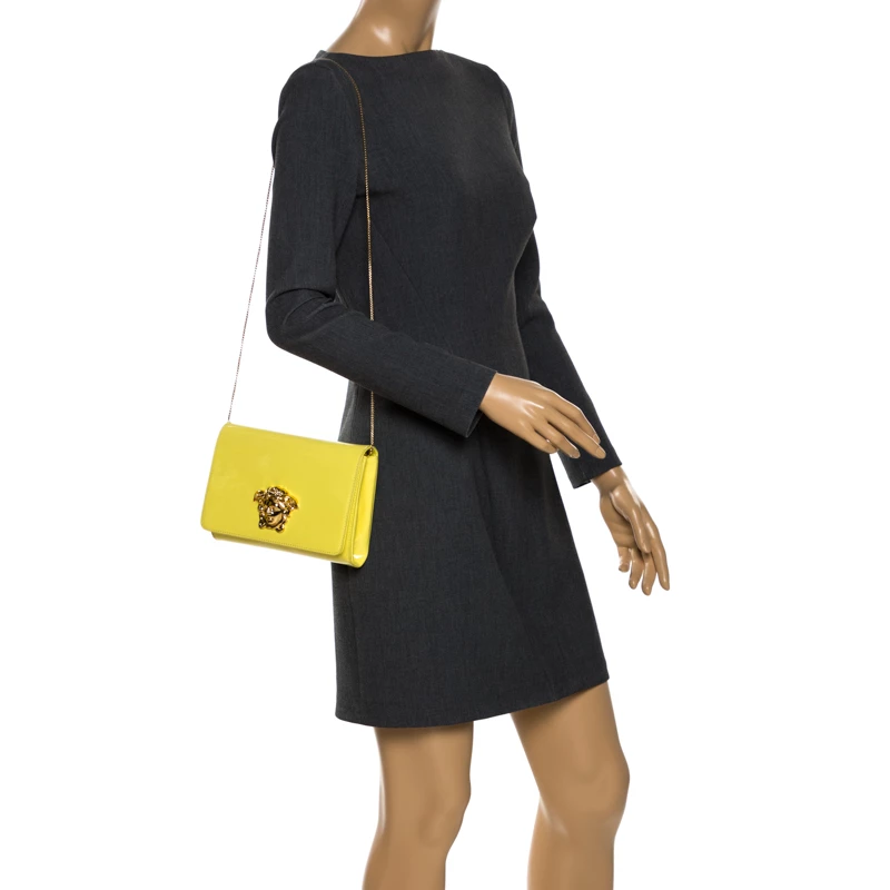 Versace Neon Yellow Patent Leather Medusa Chain Clutch For Women - Image 2